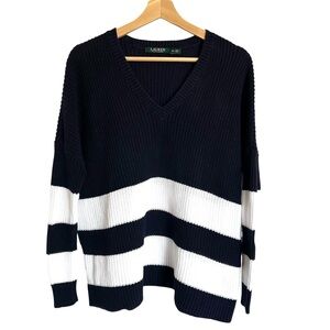 Lauren Ralph Lauren V-Neck sweater navy/white striped chunky knit oversized XS